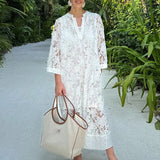 DAIIIBABYYY  -  Summer Casual 3/4 Sleeve Solid Maxi Dress Spring Elegant V-neck Loose Long Dress 2025 Women's Sexy Lace Embroidered Party Dress