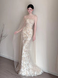 Daiiibabyyy  Elegant Strapless Mermaid Wedding Party Dresses Shiny Sequins Court Training Lace Decal Prom Gown Customized Vestido De Novia