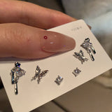 DAIIIBABYYY  -  6Pcs/set Women Silver Color Rhinestone Butterfly Stud Earrings Y2K Korean Fashion Punk Earring Stud Jewelry Sets Gift