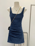 Daiiibabyyy  Women's Summer Blue Denim Short Dress High Waist Folding Strap Hip Wrapping Slimming Fit Mini Dresses 2025 New Style Fashion