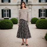 Daiiibabyyy  Women Long Skirt Plaid Midi Waist Cinched Skirts Vintage High Waist Pleated Skirt Black And White Wide Flared Skirt Women's