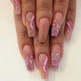 Daiiibabyyy 24Pcs Glitter Pink False Nails with Glue Long Ballet Full Cover Fake Nail Tips Ripple Design Detachable Coffin Press on Nails