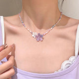 Daiiibabyyy  Purple Flower Crystal Bead Necklace Colorful Mixed Glass Beads Gentle Exquisite High-End Sweet Necklace Women's Jewelry Gifts