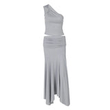 Daiiibabyyy  Casual Solid Color Off Shoulder Sleeveless Crop Top High Waist Ruffle Mini Dress with Ruched Waistband Asymmetrical Hem in