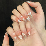 Daiiibabyyy  10pcs INS Simple French Press on Nails Pink Bowknot Star Decor Fake Nails Shiny Cat-Eye Pink Crystal Design False Nail Patches