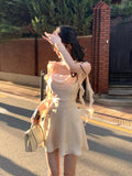Daiiibabyyy Elegant Party Y2k Mini Stain Dress Women Sleeveless Fairy Strap Dress Office Lady Vintage One Piece Dress Korean Summer