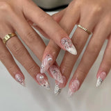 Daiiibabyyy  24Pcs 3D Bow Strawberry False Nails Art Mid-length Almond Full Cover Nails Tips Pink Smudge Pearl Detachable Press on Fake Nails