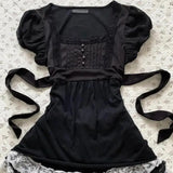 Daiiibabyyy  French Retro Vintage Sweet Cool Lace Black Bubble Sleeves Straps Slimming Short Sleeved Top T-shirt Ins