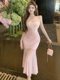 DAIIIBABYYY  -  Pink Mesh Embroidery Chic Diamon Luxury Dress Women Elegant Neck-mounted Long Dress Summer Korean Bodycon One Piece Dresses