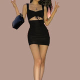 Daiiibabyyy  Must - Have for Cool Vibe! Make a Statement. Square - Neck Drawstring Hollow - Out Slim Dress, Sexy & Casual.