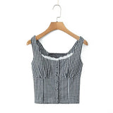 DAIIIBABYYY  -  Street Style Cotton Blend Lace Patchwork Black White Grid Sleeveless Top with Elastic Waist Flower Bud Shorts Women's Set
