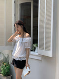 DAIIIBABYYY  -  2025 Korean Chic Summer New Style Romantic Texture Temperament Off Shoulder Ruffle Edge Short Sleeved Shirt Top