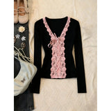 Daiiibabyyy  Y2K American Retro Millennial Flirty Vintage Long Sleeve T-Shirt Lace Fit Flare Slimming Pink Lace Women Top Fall
