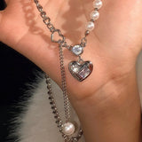 DAIIIBABYYY  -  Delicated Y2K Crystal Zircon Love Pendent Necklace for Women Girl Goth Cuba Chain Pearl Splicing Sweater Chain Party Jewelry New
