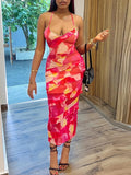 DAIIIBABYYY  -  Hit Color Printing Slimming Backless Chic Dresses for Women Halter Sleeveless High Waist Irregular Dress Female Fashion New