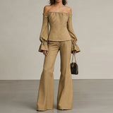 Daiiibabyyy  Spring Summer New High Waist Pants Set New Puff Sleeve Off Shoulder Tops&Pants 2 Piece Set Lady Solid Color Slim Commute Outfits