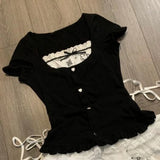 DAIIIBABYYY  -  Japanese Two Pieces Set Women Patchwork Grunge Bandage Bow T-shirt + Y2k Aesthetic Printing Mini Cake Skirts Harajuku Outfits