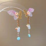Daiiibabyyy  Fairy Imitation Pearl Rhinestone Hollow Metal Star Butterfly Tassel Dangle Earrings for Women Real Gold Copper Jewelry