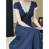 DAIIIBABYYY  -  French Lace Polyester Fiber Patchwork Dress, Summer V-neck, Elegant Polka Dot, Waistband, Slimming Long Skirt