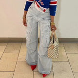 Daiiibabyyy Straight Casual Multi-pocket Paneled Cargo Jeans Women Fashion Washed Wide Leg Pants High-waisted High Street Y2k Trousers
