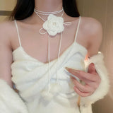 Daiiibabyyy -  Sweet White Color Wool Plush Flower Adjustable Tassel Pendant Necklaces for Women Mink Hair Ball Simulated Pearl Chokers