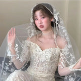 Daiiibabyyy  Wedding Bridal Veil Lace Pearl Trim Elegant Bride Headpiece for Wedding Ceremony Bridal Photoshoot,Lightweight Tulle Bridal Veil