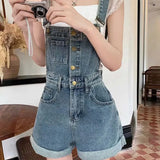 Daiiibabyyy  Women's Clothing Fashion Button Demin Overalls Pockets Spliced Summer New Vintage Straight Basic Wide Leg Rolled Edge Jumpsuits