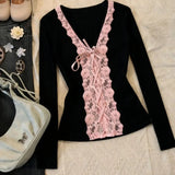 Daiiibabyyy  Y2K American Retro Millennial Flirty Vintage Long Sleeve T-Shirt Lace Fit Flare Slimming Pink Lace Women Top Fall