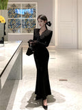 Daiiibabyyy  Black Long Sleeve Chic Ruffled Lace V-Neck Evening Gown Women Elegant Luxury Mermaid Dress Autumn Winter New French Dresses
