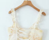 Daiiibabyyy  Sexy Wood ears V neck Light Yellow Floral Print Ruffles Strap Sling Dress Summer Woman Ruffles Hem Midi Dresses Robe Vestidos