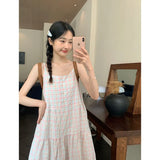 DAIIIBABYYY  -  Sweet Girl Off-shoulder Sleeveless Contrast Plaid Suspender Dress Women's French Loose Slimming Age-reducing Camisole Dresses