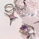 Daiiibabyyy  Y2K Pink Crystal Heart-Shaped Ear Buckle for Women Rectangular Asymmetrical Metal Circle Pendant Women's Banquet Elegant Earring