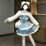 DAIIIBABYYY  -  Japan Kawaii Lolita Dress Sets Women Hooded Shawl Short Jackets Bow Mini Skirt Korean Style Sweet Red Christmas New Year Suit