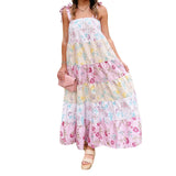 Daiiibabyyy  Elegant V-Neck Maxi Dress Sleeveless Ruffle Hem Evening Gown with Floral Print for Wedding Guest or Prom Party