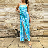Daiiibabyyy  Elegant Sleeveless Waist Long Romper Fashion Pattern Print Split Suspenders Playsuit Sexy Off Shoulder Tie-Up Bohe Jumpsuit