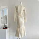 DAIIIBABYYY  -  Spring and Autumn Thickened Stretch Square Neck Long-sleeved Lace Long Dresses Women's Solid Color 3D Flower Slim Fishtail Dress