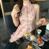 DAIIIBABYYY  -  2025 New Pure Desire Style Chic Pink Niche Sleeveless First Love Dress Patchwork Hanging Neck Floral Sweet