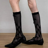 Daiiibabyyy  Japanese Sweet Lace Mesh Stockings for Women Summer Breathable Hollow Out Bowknot Elastic Long Tube Socks Girls Knee High Socks