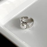 DAIIIBABYYY  -  Y2K Punk Croissant Shape Open Ring for Women Simple Oval Black Glazed Elegant Pearl Wide Face Finger Accessories Fashion Jewelry