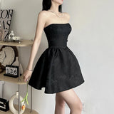 Daiiibabyyy Summer Harajuku Strapless Dress Solid Casual A-Line High Dress Waist Loose Printing Slash Neck Short Mini Dresses Woman