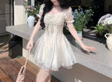 Daiiibabyyy  Summer French Style Square Collar Mini Dress Fashion Gauze Lace Spliced Female Clothing Elegant Puff Sleeve Ball Gown Dresses