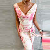 Daiiibabyyy  Sexy V-neck Backless Tie-up Bohemian Long Dress Women Elegant Sleeveless Waist Gowns Fashion Floral Printed Vacation Party Dress