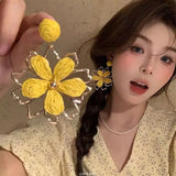 Daiiibabyyy  Women's Cute Earrings Vacation Style Woven Sun Flower Earrings High End Exaggerated Seaside Beauty Stud Earrings Funny Earrings