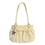 Daiiibabyyy  Polka Dot Ruched Shoulder Bag With Star Pendant Women Bow Decor Large Capacity Hobo Bag Retro Versatile Handbag For Daily Commut
