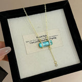 Daiiibabyyy  Blue Square Sugar Necklace Fresh Simple Zircon Tassel Design Exquisite Trend Pendant Necklace Women's Popular Jewelry Gift