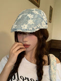 DAIIIBABYYY  -  Flower Embroidery Blue Denim Forward Hat Women Japanese Spring and Summer Lace Splicing Retro Short-brimmed Sunshade Newsboy Cap