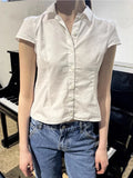 Daiiibabyyy Women White Lace Slim Blouse T Shirt 2024 Summer Cotton Turn-down Collar Short Sleeve Tees Solid Simple Sweet Tops Y2K Clothes