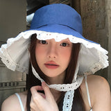 DAIIIBABYYY  -  Korean Simple Temperament Lace Blue Bucket Hat Women's Summer Fashion Vacation Big Brim Sunshade Strap Foldable Sun Cap Gorras