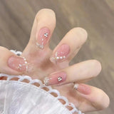 Daiiibabyyy Short Coffin Faux Pearl Pink Fake Nails Press on Short Set Sequin Cute Nail Art Reusable Fake Nails Acrylic Full Cover Tips