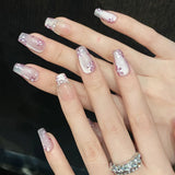 Daiiibabyyy  10pcs Handmade Press On Nails Light Purple French Style Cat's Eye False Nails Gentle Flower Designs Wearable Fake Nail Tips